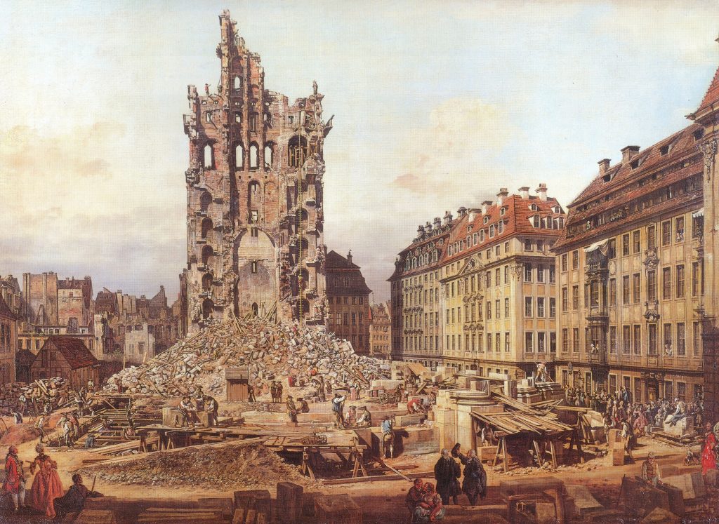 Le rovine della Kreuzkirche di Dresda 1765.